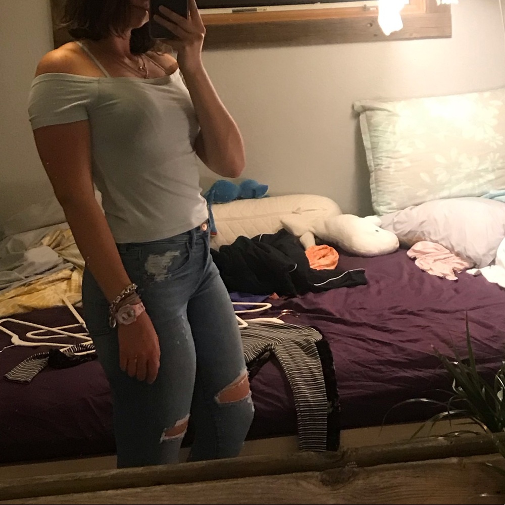 Cropped off the shoulder light blue top